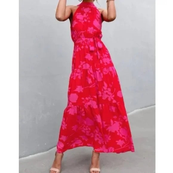 red pink floral print belted halter maxi dress - Boho - Picture 3 of 11